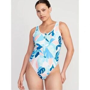 Old Navy Medium Half Zip Floral Swim Suit Blue One Piece High Leg Scoop Back